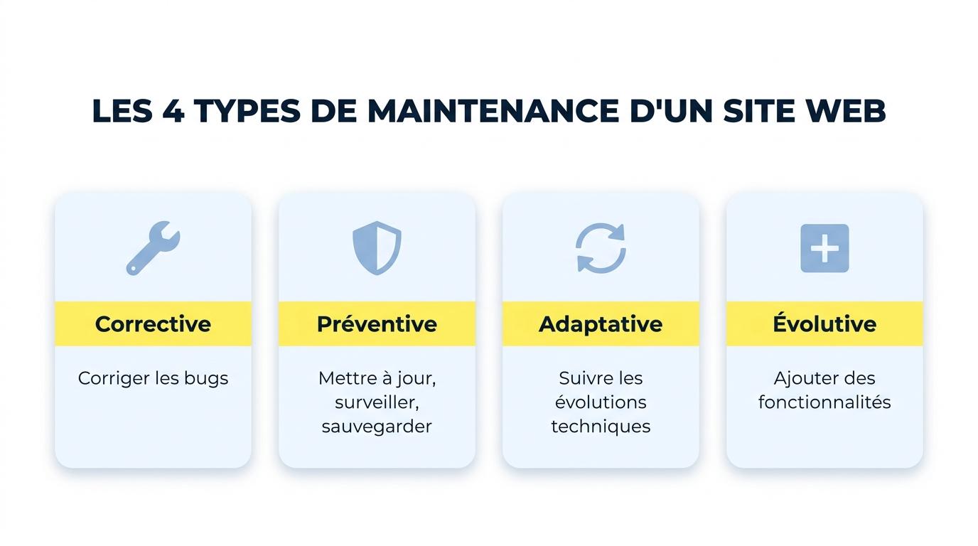 Les quatre types de maintenance d’un site web : corrective, préventive, adaptative et évolutive
